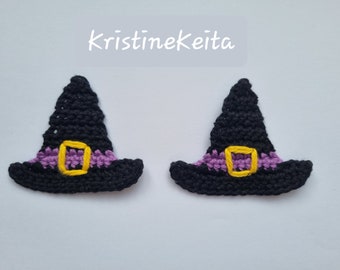 2 appliques d'halloween au crochet, embellissements, couture, appliques de chapeau de sorcière, motifs de chapeau de sorcière, décorations d'halloween, appliques de chapeau de sorcière noire