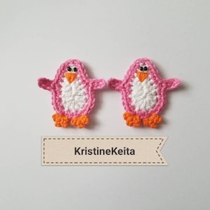 Apliques de pingüinos de crochet, motivos de pingüinos, fabricación de tarjetas, costura, scrapbooking, apliques de algodón, pingüinos de algodón de crochet, juego de 2 pingüinos, rosa