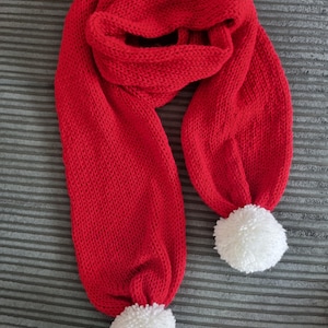 knitted Santa scarf,neck warmer,pom pom,red scarf,Christmas scarf,white pompom,winter scarf,Christmas gift,Christmas eve,adult scarf