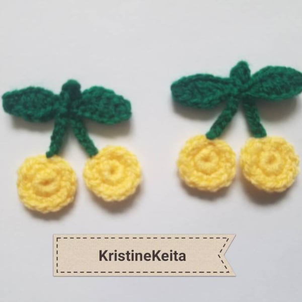 2 Crochet yellow cherry appliques,cherry motifs,embellishments,sewing,knitting,yellow cherries