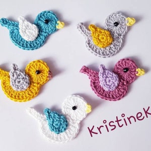 5 apliques de pássaros de crochê, apliques de pássaros, motivos de pássaros, costura, tricô, confecção de cartões, scrapbooking, pássaros artesanais, suprimentos para artesanato, pássaros de algodão