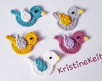 5 Crochet bird appliques,bird appliques,bird motifs,sewing,knitting,card making,scrapbooking,craft birds,craft supplies,cotton birds