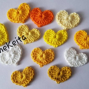 Heart appliques,12 Crochet heart appliques,heart motifs,embellishments,Scrapbook,sewing,yellow hearts,Easter day decor,card making