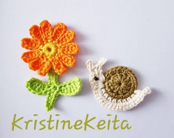 Crochet flower,crochet cotton flower,snail applique,cotton snail motif,orange flower,olive green snail,card making,sewing,scrapbook,craft