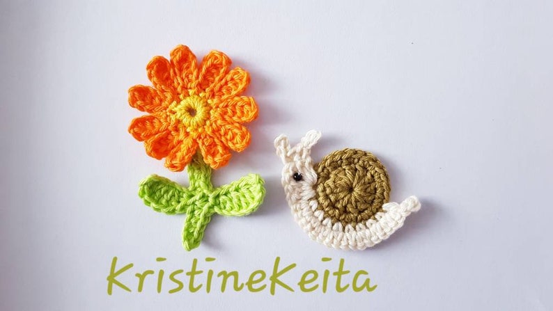 Crochet flower,crochet cotton flower,snail applique,cotton snail motif,orange flower,olive green snail,card making,sewing,scrapbook,craft image 1