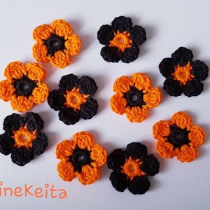 Halloween Blumen,10 Häkelblumen,Baumwollblumen,Orange Blumen,Nähen,Karten machen,Scrapbook,schwarze Blumenmotiv,Applikationen,Bastelblumen