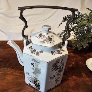 Vintage Japanese Hexagonal Teapot with bronze handle. Note the Finch style birds, botanical details. Home Décor. Nagoya. Ships FREE in USA