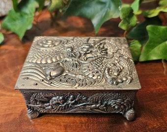 Occupied Japan Silver Box on rounded feet &  a Repoussé Dragon on the  lid. Super Detailing. Home Décor. Ready to ship. Ships FREE in USA.