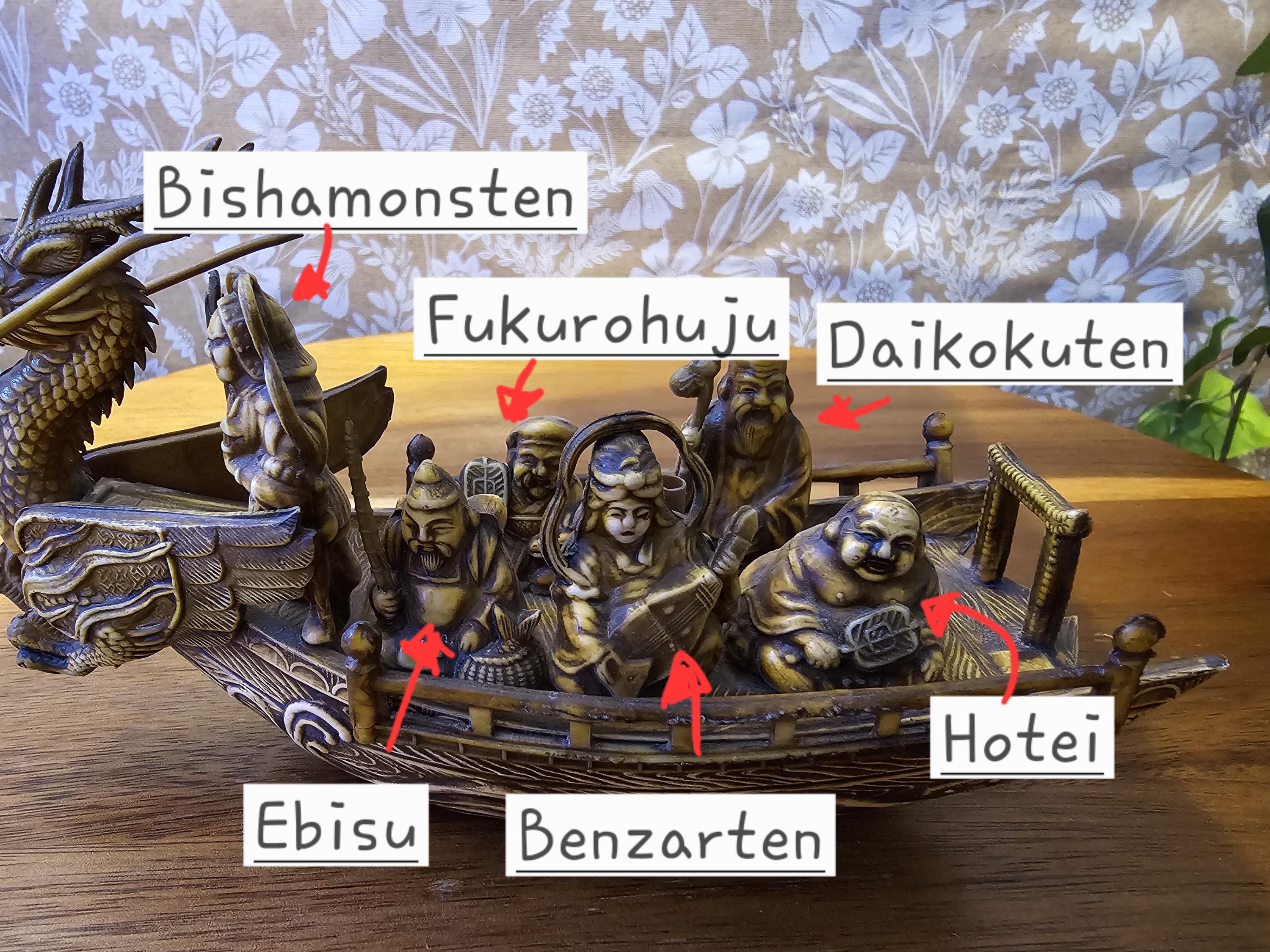 日本の6人の幸運の神が船に乗って龍の船首像を飾っています。すべて