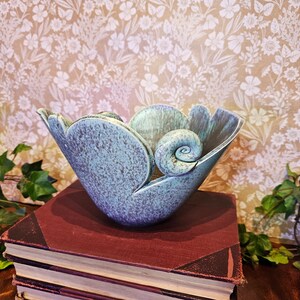 Original Studio Pottery Bowl. Stylized curving design in blues & bronze glazes. Great Condition. Vintage. Signed Handmade. Ships FREE in USA