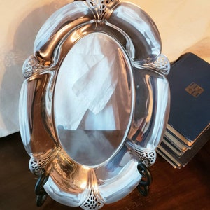 Oval silver dish with pearcings. Art Nouveau Style. Appealing with balanced lines. Serving Tray. Polished, ready to use. Ships FREE in USA