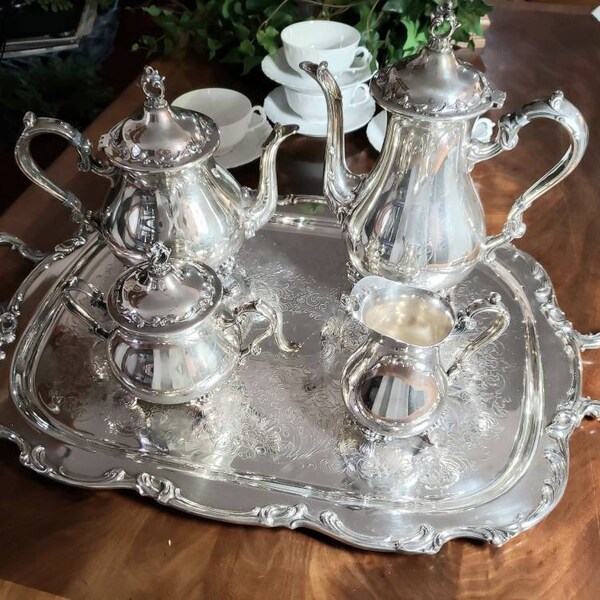 Gorham Coffee Pot, Teapot, Sugar, Creamer Set. Matching tray. Silver plate. Great Condition. Polished, ready to use. Ships FREE in USA