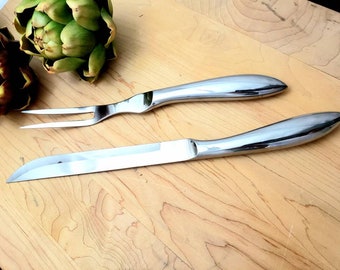 Juego vintage de cuchillo y tenedor para trinchar de acero inoxidable. Estilo clásico y depurado. De mediados de siglo. Hoja afilada y pulida, lista para usar. Envío gratuito en EE. UU.