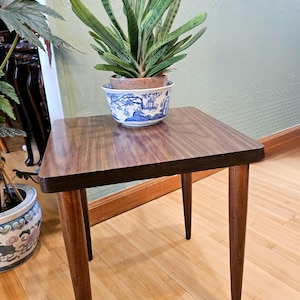 Mid Century Modern Side Table 16" Square Accent Table with Polished Tapered Wood Legs. Vintage 1960s Minimalist End Table. Ships FREE in USA