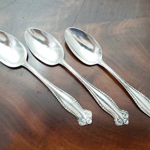 3 Antique Towle Sterling Silver Teaspoons. 1893 Canterbury Pattern. No monogram. Good condition. Polished ready to use. Ships FREE in