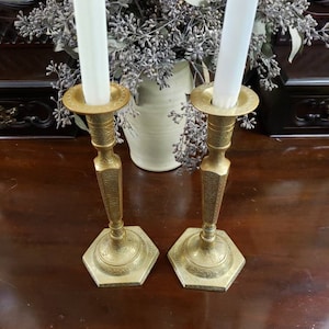 Vintage Pair European Brass Candle Sticks. Use Standard Candles . Hand applied design of flowers, leaves. Excellent Condition. Ships FREE US