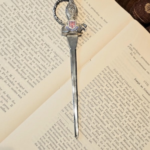 English Sword Letter Opener with Union Jack & Lion. Nice detailing. Very Good Condition. Ships FREE in USA