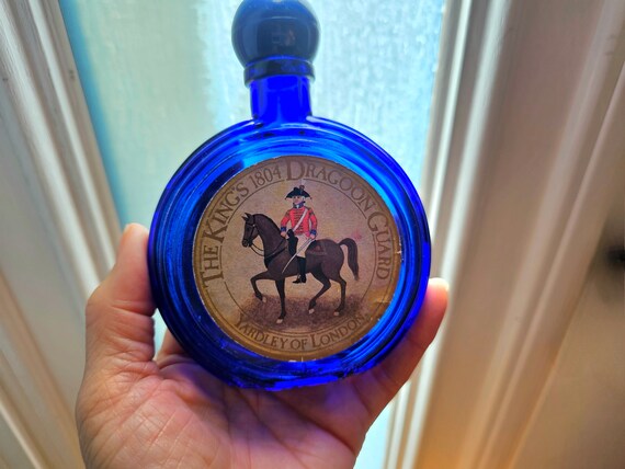 Vintage Cobalt Blue Yardley Perfume Bottle, Dragoon Guard Label