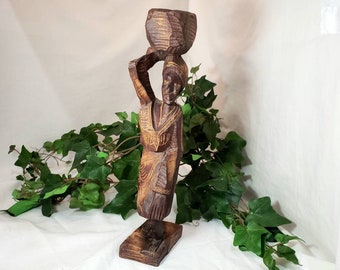 Market Day Vintage Caribbean handmade wood statue. Wearing  a floral wrap. Folk Art. In good condition. Home Décor. Ships FREE in the USA