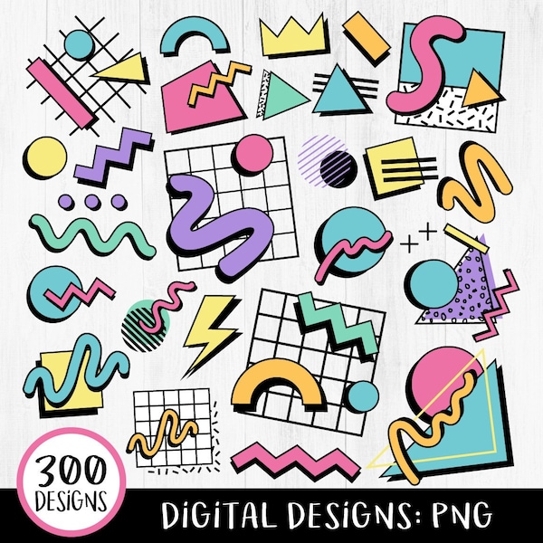 90s Elements Clipart Bundle, Retro 90s Clipart, Nineties Nostalgia, 90s Pattern, Abstract 90's Patterns, Memphis Graphics, 1990, PNG DIGITAL