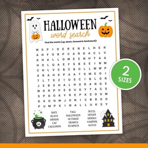 May include: A printable Halloween word search puzzle featuring a green and white ghost, a pumpkin, and a cauldron. The puzzle includes words such as "bats", "black", "broom", "cat", "cauldron", "fall", "halloween", "october", "orange", "pumpkin", "skull", "spider", "spooky", "vampire", and "witch".