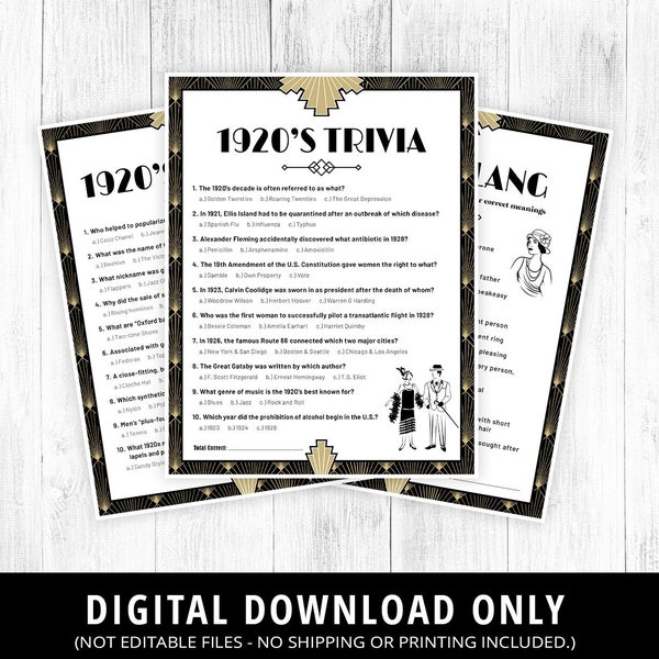 20s Trivia Games Printable, 1920s Trivia Game, 20s Fashion Trivia, 1920s Slang, Roaring 20s Activities, 20s Party Games, DIGITAL