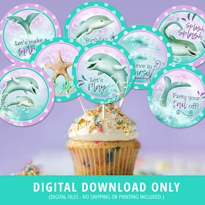 Dauphin Cupcake Toppers, décorations d'anniversaire de dauphin, sous la mer Cupcake Toppers, dauphin fête d'anniversaire, décor de fête imprimable, numérique