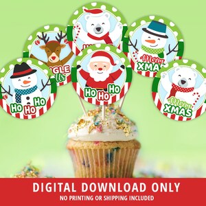 May include: Six round Christmas-themed cupcake toppers featuring Santa Claus, a snowman, a reindeer, a polar bear, and two snowmen. The toppers have red, green, white, and black colors. The text on the toppers reads "Ho Ho Ho", "Merry Xmas", and "Jingle Bells".
