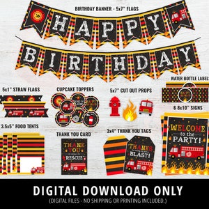 Firetruck Birthday Decorations, Firetruck Party Supplies, Printable, Firefighter Birthday Theme, Fireman Birthday Decor Boy Firemen DIGITAL