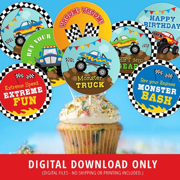 Monster Truck Cupcake Toppers, Monster Truck Birthday Decor, Truck Birthday Supplies, Monster Truck Birthday, Printable Toppers, DIGITAL