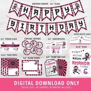 Decoración imprimible para fiesta de cumpleaños de niña ninja, cumpleaños de niña guerrera, temática de artes marciales, karate, pancarta, etiquetas, imprimible, digital