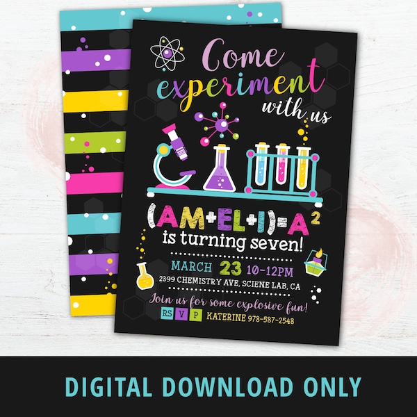 Science Party Invitation, Printable Mad Science Birthday Party Invitation, Science Birthday Invite, Girls Science Party, Experiment, DIGITAL