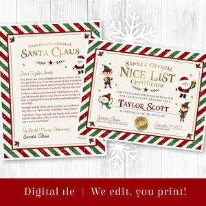 Carta de Papá Noel y certificado de lista de buenos amigos, carta aprobada de Papá Noel, carta + certificado de lista de buenos amigos imprimible, carta personalizada de Papá Noel