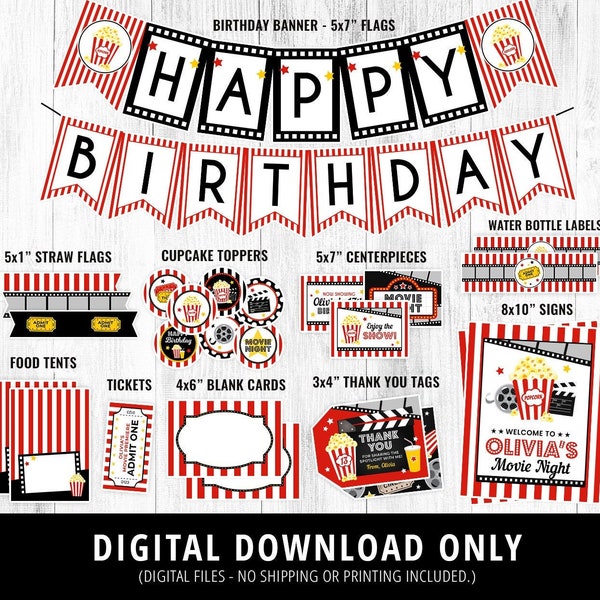 Movie Party Decorations Printable, Movie Night Birthday Party Decor, Movie Night Birthday, Movie Party, Popcorn, Party Package, DIGITAL