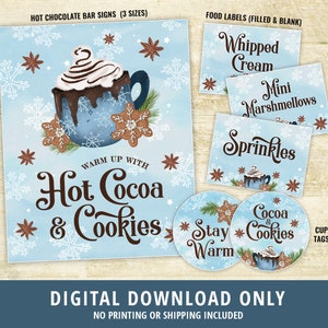 Hot Cocoa and Cookies Bar Printable Kit, Hot Cocoa Party, Hot Chocolate Bar, Cookie Party, Sign, Labels, Hot Cocoa Cup Tags, DIGITAL