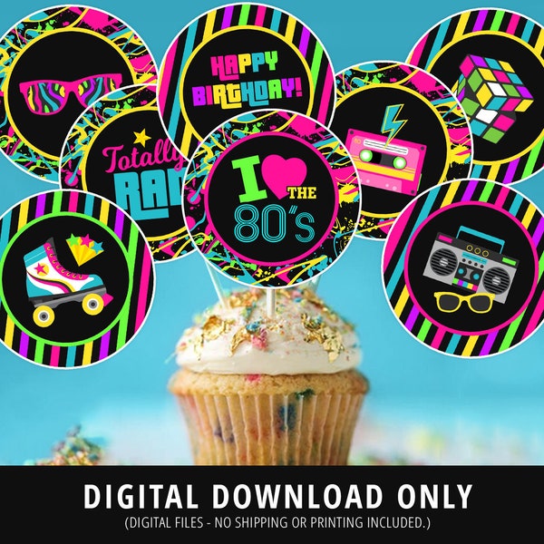 80s Retro Cupcake Toppers, 80s Birthday Party, 80s Neon Birthday Party Decor, I Love the 80s, Cassette Tap, 1980s, Printable DIGITAL