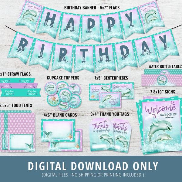 Dolphin Party Package, Dolphin Birthday Decorations, Dolphin Signs, Dolphin Banner, Dolphin Party Supplies, Under the Sea Decor, DIGITAL