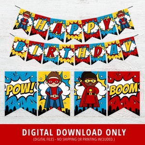 SUPERHERO Birthday Banner, Printable Superhero Birthday Banner, Comic Book Banner, Superheroes birthday party decorations, DIGITAL