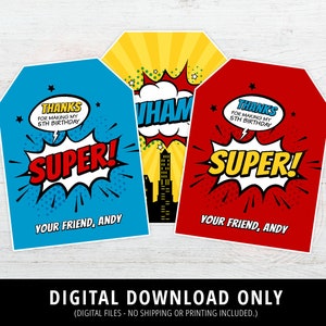 Etiquetas de agradecimento de super-heróis, etiquetas de lembrancinhas de super-heróis, festa de aniversário em quadrinhos, etiquetas de aniversário de super-heróis, estilo cômico, etiquetas para impressão de aniversário, DIGITAL