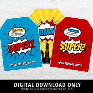 Superhero Thank You Tags, Superhero Favor Tags, Comic Birthday Party, Superhero Birthday Tags, Comic Style, Birthday Printable Tags, DIGITAL