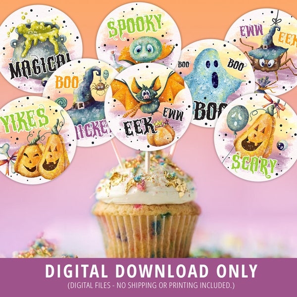 Halloween Cupcake Toppers, Halloween Watercolor Decor, Cute Halloween Party, Cupcake Toppers, Halloween Party Decor, Favor Tags, DIGITAL