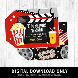 Etiquetas de agradecimiento de película, etiquetas de favor de noche de cine, favores de fiesta de noche de cine, fiesta de noche de cine, cumpleaños de noche de cine, etiquetas imprimibles, DIGITAL