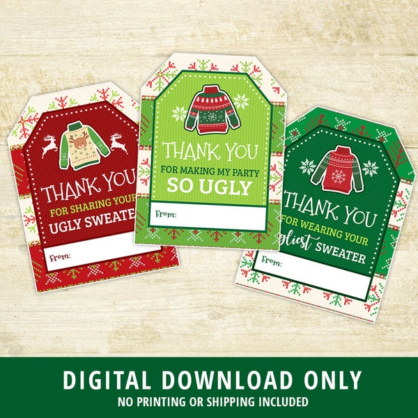 Ugly Sweater Thank You Tags, Ugly Sweater Party Thank You Tags, Ugly Sweater Party Decor, Christmas Thank You Tags, Printable Tags, DIGITAL