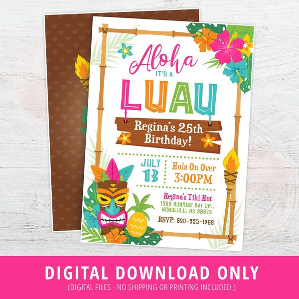 Luau Invitation, Luau Birthday Invite, Luau Tiki Party Invitation, Hawaiian Invitation, Luau Party, Tropical, Pineapple, Aloha, DIGITAL