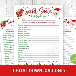 Secret Santa Gift Exchange Printable, Gift Questionnaire,  Favorite Things, Survey, Christmas Gift List, Gift Ideas for Christmas, DIGITAL