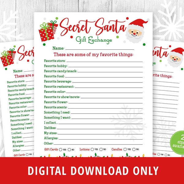 Secret Santa Gift Exchange Printable, Gift Questionnaire,  Favorite Things, Survey, Christmas Gift List, Gift Ideas for Christmas, DIGITAL