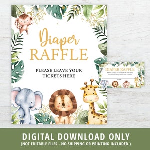 Billets de tombola de couches Safari et signe, jeu de douche de bébé Safari Jungle, Safari Wild One, animaux de la Jungle, billets de tombola, imprimable, numérique