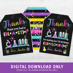 Science Thank You Tags, Girl Science Favor Tags, Science Birthday Party, Science Experiment, Mad Scientist, Science Printable Tags, DIGITAL