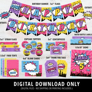 Girl Superhero Party Decorations, Girl Superhero Birthday Party Decor, Girl Superhero Birthday, Party Bundle, Signs, Banner, Labels DIGITAL