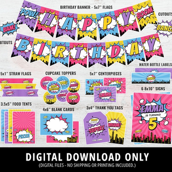 Girl Superhero Party Decorations, Girl Superhero Birthday Party Decor, Girl Superhero Birthday, Party Bundle, Signs, Banner, Labels DIGITAL